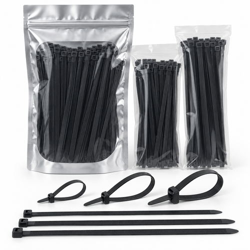 Black heavy-duty PA66 nylon cable ties in half-aluminum resealable pouch, 7.6 x 370 mm, 7.6 x 550 mm and 9.0 x 550 mm